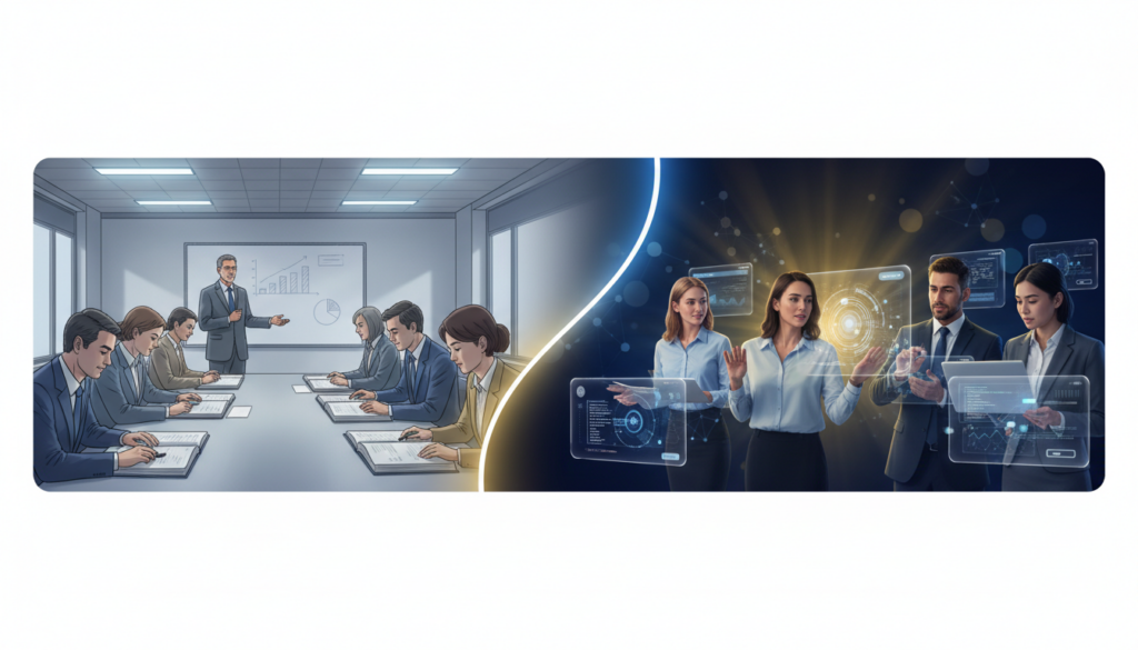 Contrast of traditional vs. modern corporate training; static classroom vs. dynamic AI-driven scene.