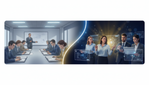 Contrast of traditional vs. modern corporate training; static classroom vs. dynamic AI-driven scene.