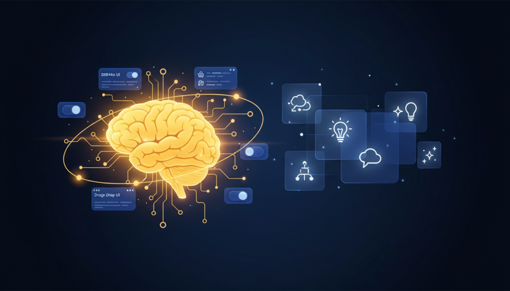 Creative brainstorming with glowing brain, blue UI elements, AI and no-code themes.