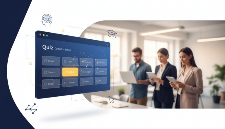 Digital quiz interface in deep blue, golden answer tile, professionals in blurred workspace, tech icons.
