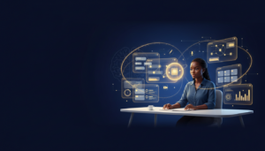 Diverse content creator at curved desk with holographic AI screens in modern workspace.
