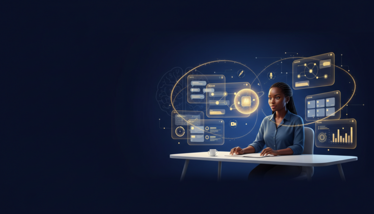 Diverse content creator at curved desk with holographic AI screens in modern workspace.