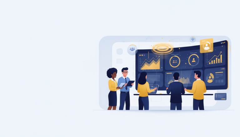 Diverse team analyzes glowing dashboard with impact metrics in sleek tech style.
