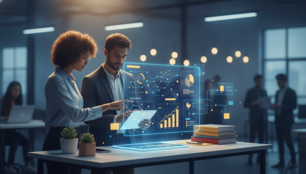 Diverse team around a workstation with holographic data display in a modern office.