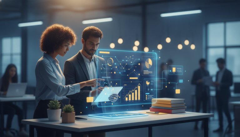 Diverse team around a workstation with holographic data display in a modern office.