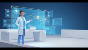 Female healthcare educator in futuristic setting with holographic medical interface.