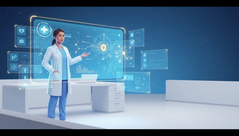 Female healthcare educator in futuristic setting with holographic medical interface.
