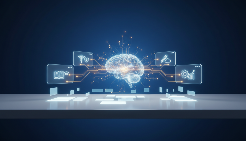 Futuristic digital ecosystem with a glowing holographic brain, interconnected nodes, and knowledge domain icons on a sleek workspace.