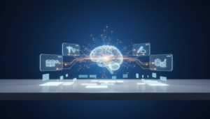 Futuristic digital ecosystem with a glowing holographic brain, interconnected nodes, and knowledge domain icons on a sleek workspace.