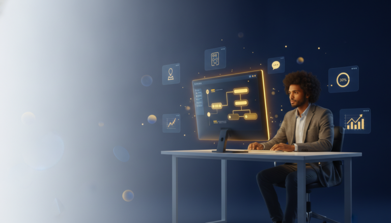 Futuristic online learning space with educator at desk, AI course tools on ultrawide monitor.