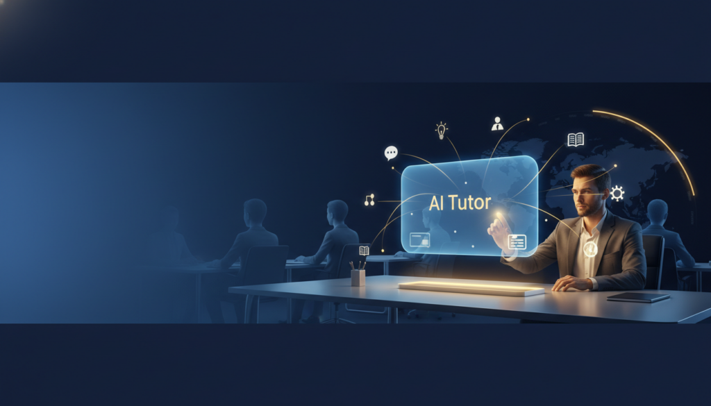 Futuristic workspace with glowing AI interface, team silhouettes, and golden light streams.