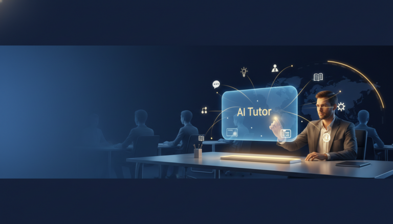 Futuristic workspace with glowing AI interface, team silhouettes, and golden light streams.