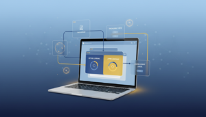 High-tech workspace with AI-driven assessment tools on a glowing laptop, blue and gold accents.