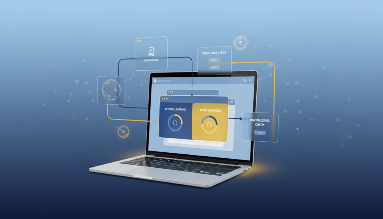 High-tech workspace with AI-driven assessment tools on a glowing laptop, blue and gold accents.