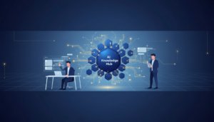 Luminous blue knowledge hub with golden light streams, business professional using holographic interface, team member on tablet, modern tech setting.