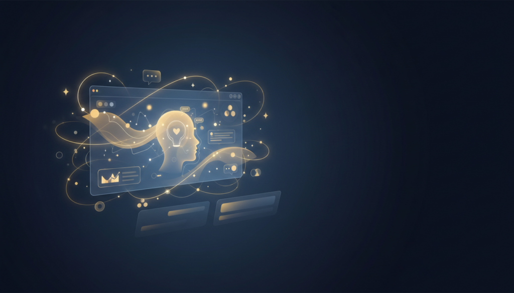 Luminous storytelling interface with flowing arcs, data visuals, and human profile in tech-forward style.