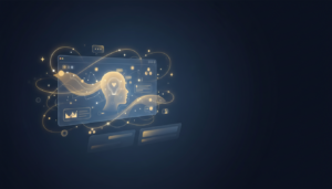 Luminous storytelling interface with flowing arcs, data visuals, and human profile in tech-forward style.