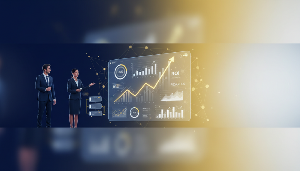 Modern B2B banner with holographic dashboard, AI network, diverse professionals, and no-code interface.