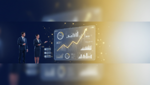 Modern B2B banner with holographic dashboard, AI network, diverse professionals, and no-code interface.