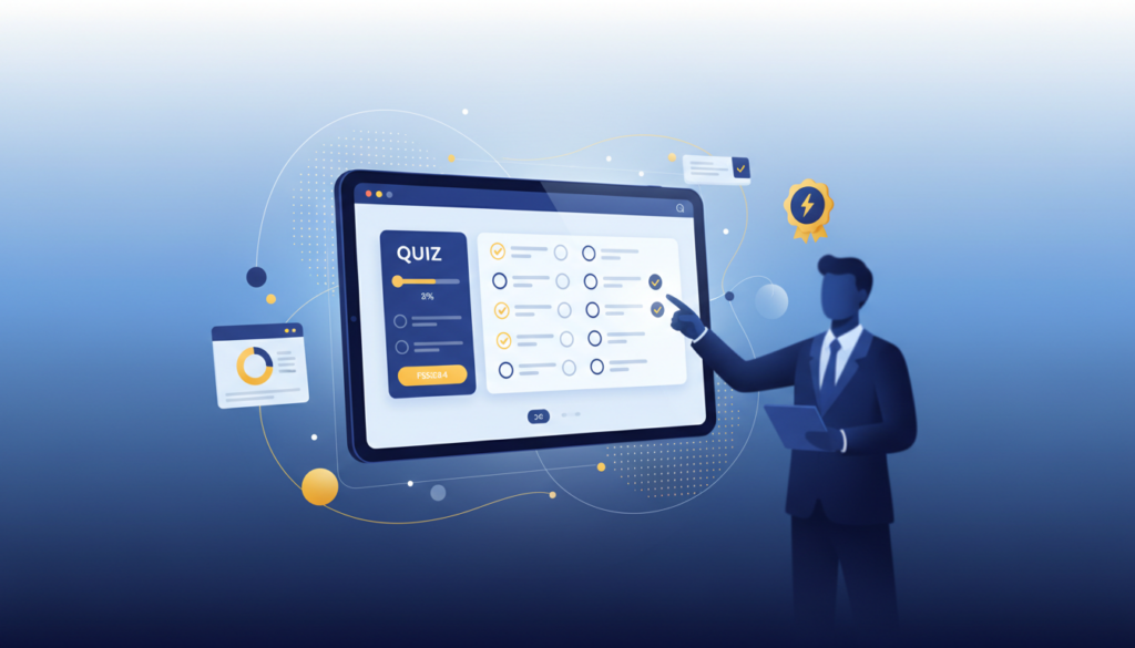 Modern digital education scene with glowing tablet displaying quiz interface in blue and yellow tones.