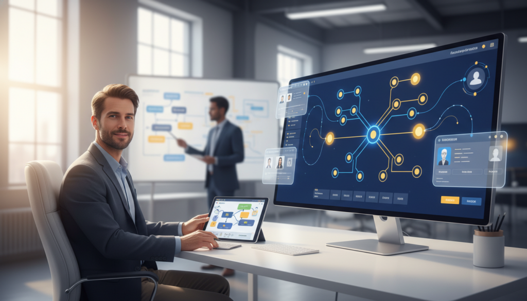 Modern educator at desk with AI learning dashboard, bright office, tech-forward mood.