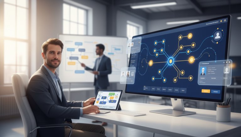 Modern educator at desk with AI learning dashboard, bright office, tech-forward mood.