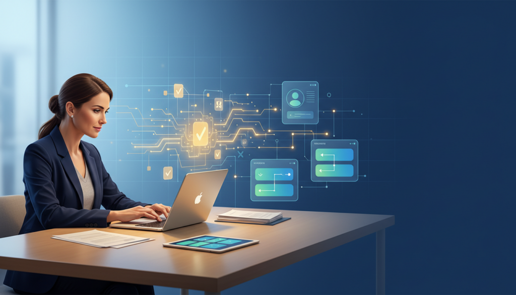 Modern educator at desk with glowing AI laptop in a tech-forward workspace.
