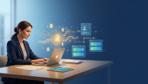 Modern educator at desk with glowing AI laptop in a tech-forward workspace.