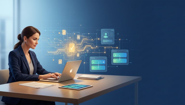 Modern educator at desk with glowing AI laptop in a tech-forward workspace.
