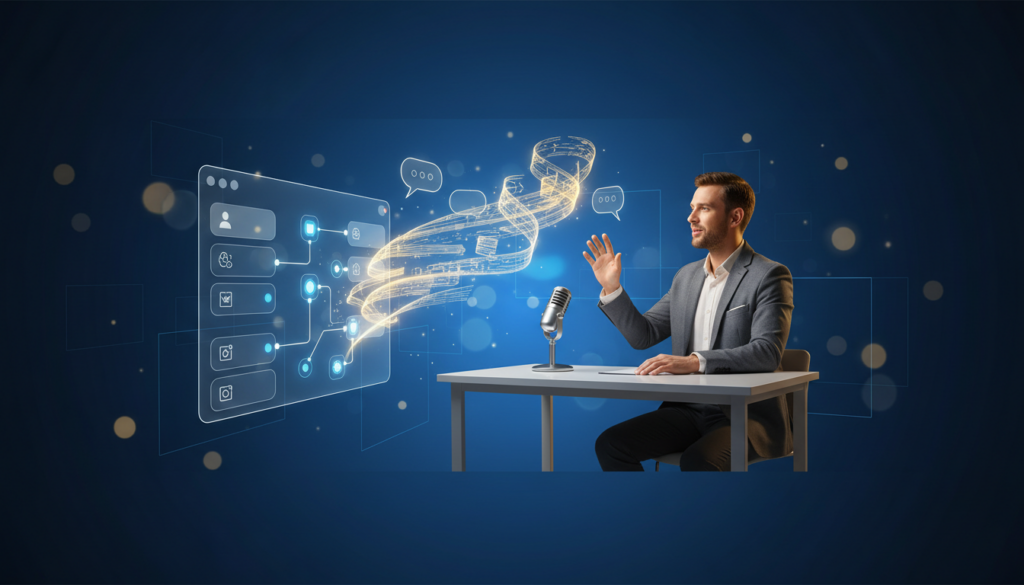 Professional at desk with floating UI panel, glowing speech visuals, blue gradient background.