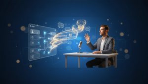 Professional at desk with floating UI panel, glowing speech visuals, blue gradient background.