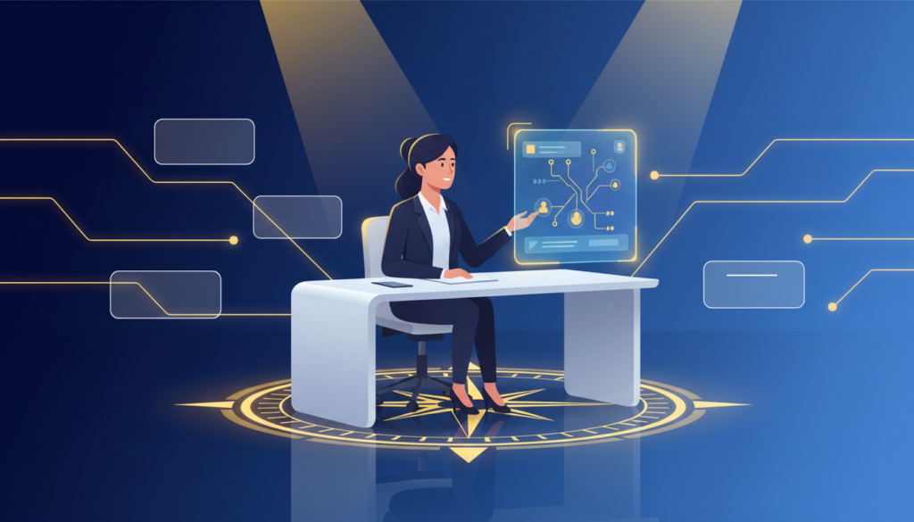 Professional at desk with glowing holographic AI, career paths, and compass rose in tech style.