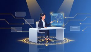 Professional at desk with glowing holographic AI, career paths, and compass rose in tech style.