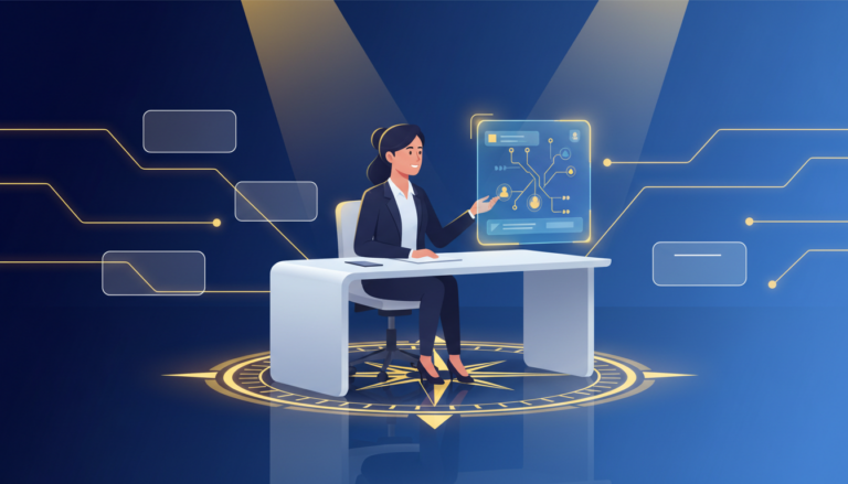 Professional at desk with glowing holographic AI, career paths, and compass rose in tech style.