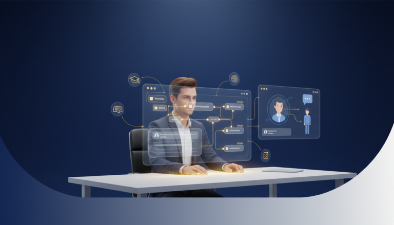 Professional at desk with holographic AI interface, glowing nodes, and icons in modern blue gradient workspace.