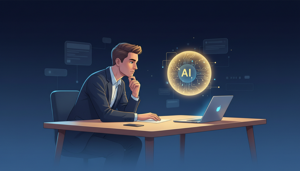 Professional at modern desk converses with glowing AI orb, deep blue and gold tones.