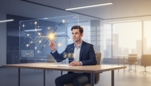 Professional at modern desk engaging with a glowing holographic career map in a tech-forward office.