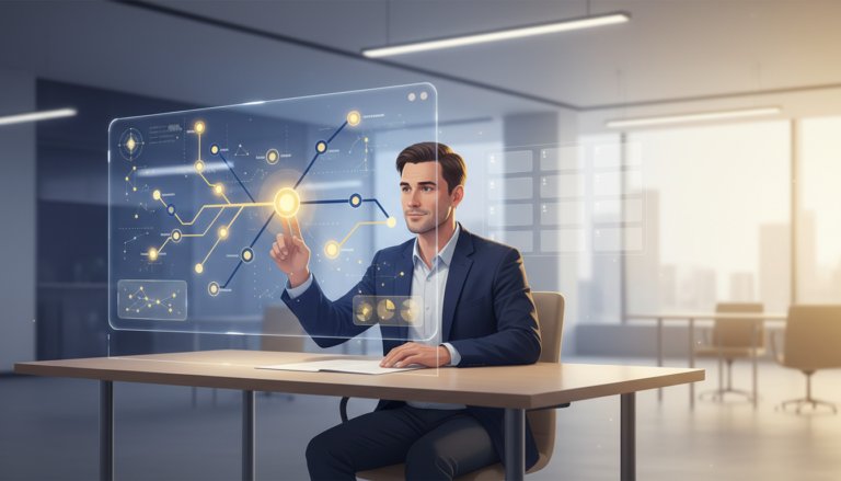 Professional at modern desk engaging with a glowing holographic career map in a tech-forward office.