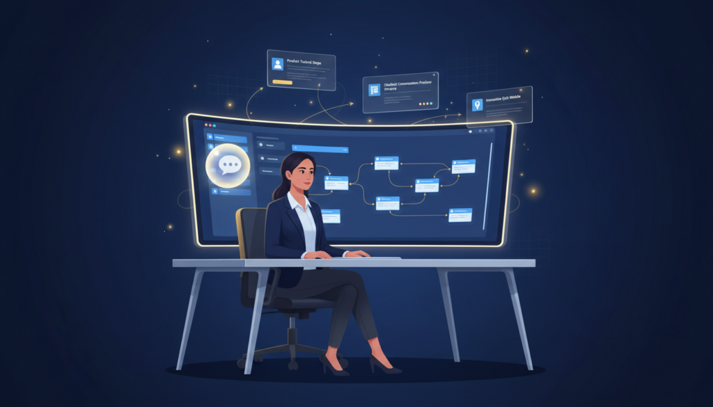 Professional woman at a modern desk using a drag-and-drop AI interface on a wide monitor.