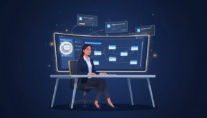 Professional woman at a modern desk using a drag-and-drop AI interface on a wide monitor.