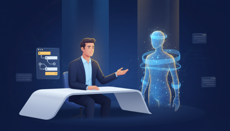 Salesperson at a curved desk interacts with glowing holographic AI avatar in modern tech setting.