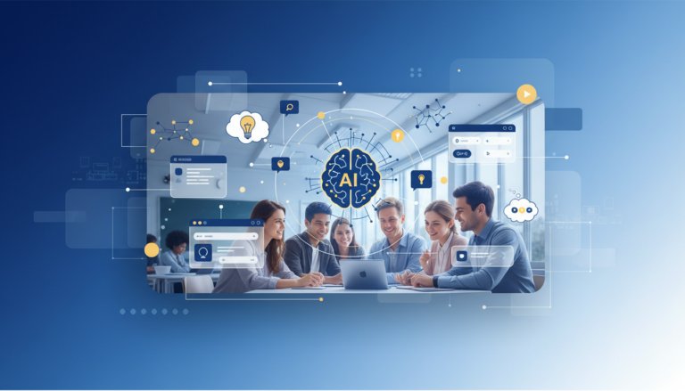 Students and teacher brainstorm with AI in a modern classroom, surrounded by glowing digital nodes.